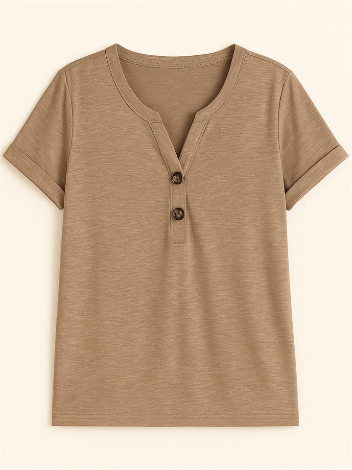 Women's Summer Casual V Neck Buttons Pullover Short Sleeve Shirts