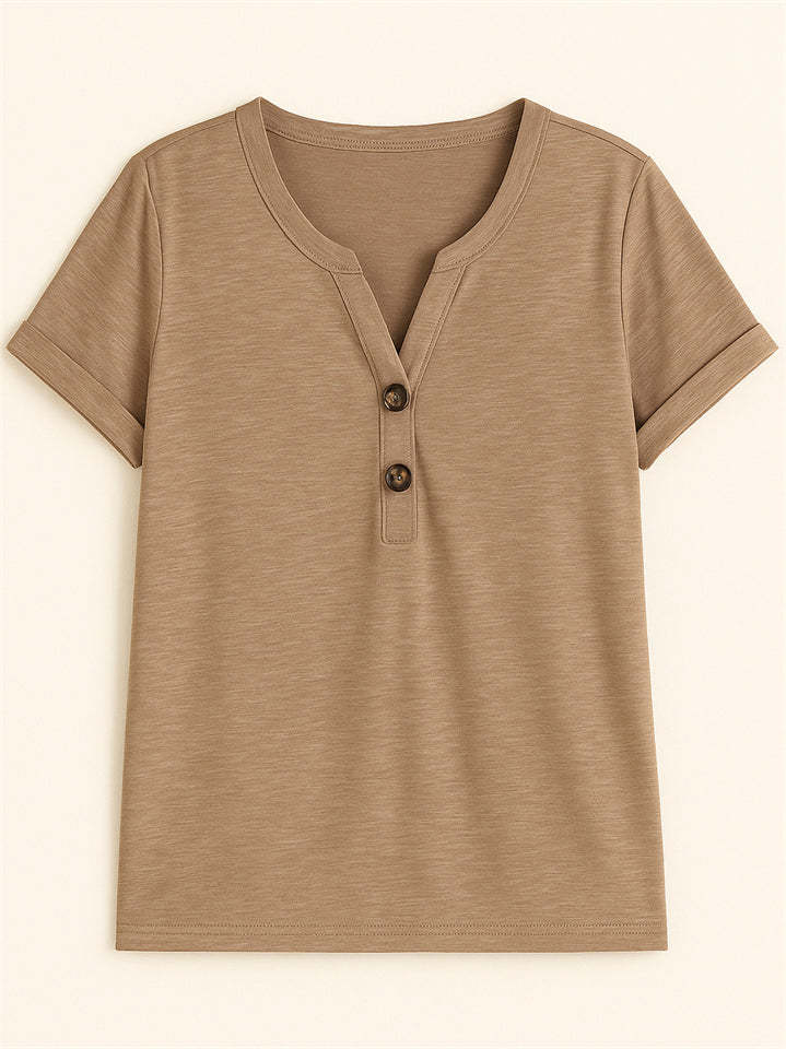 Women's Summer Casual V Neck Buttons Pullover Short Sleeve Shirts
