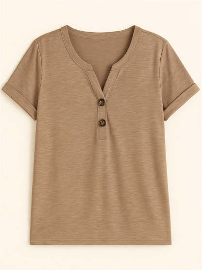 Women's Summer Casual V Neck Buttons Pullover Short Sleeve Shirts