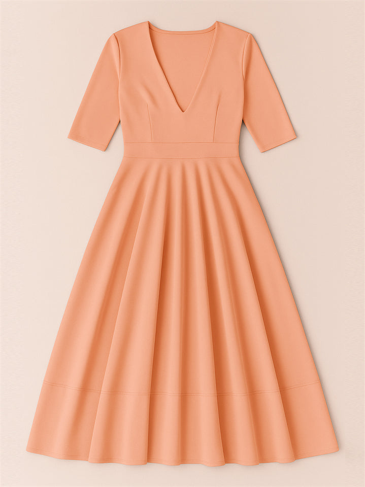 Ladies' Elegant Deep-V Neck Solid Color Half Sleeve Midi Dress