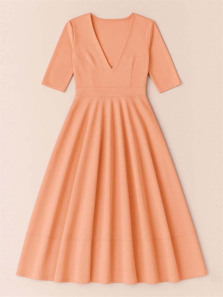 Ladies' Elegant Deep-V Neck Solid Color Half Sleeve Midi Dress