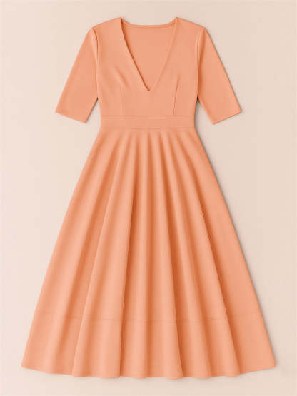 Ladies' Elegant Deep-V Neck Solid Color Half Sleeve Midi Dress