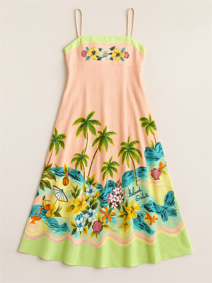 Ladies' Summer Coconut Tree Printed High Waist Strappy Beach Dress