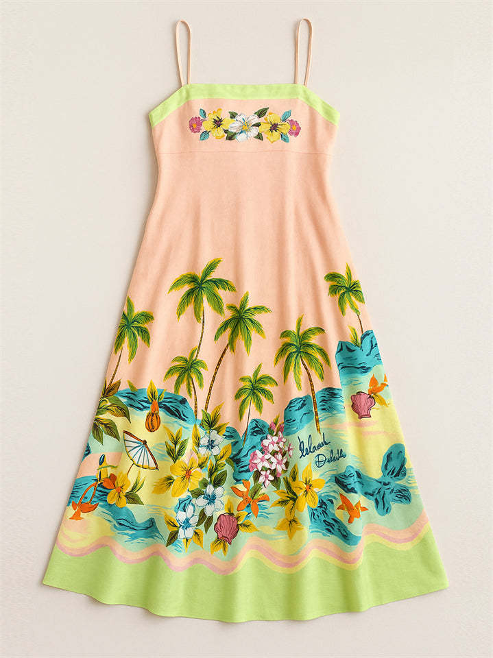 Ladies' Summer Coconut Tree Printed High Waist Strappy Beach Dress