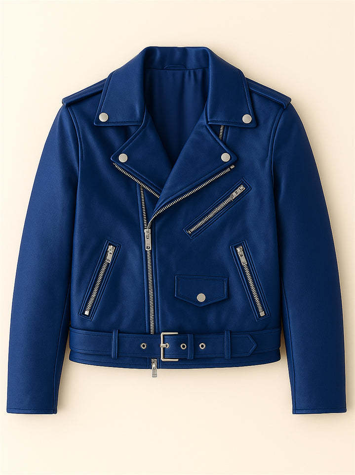 Trendy Solid Color PU Leather Zip Up Motorcycle Jacket for Women