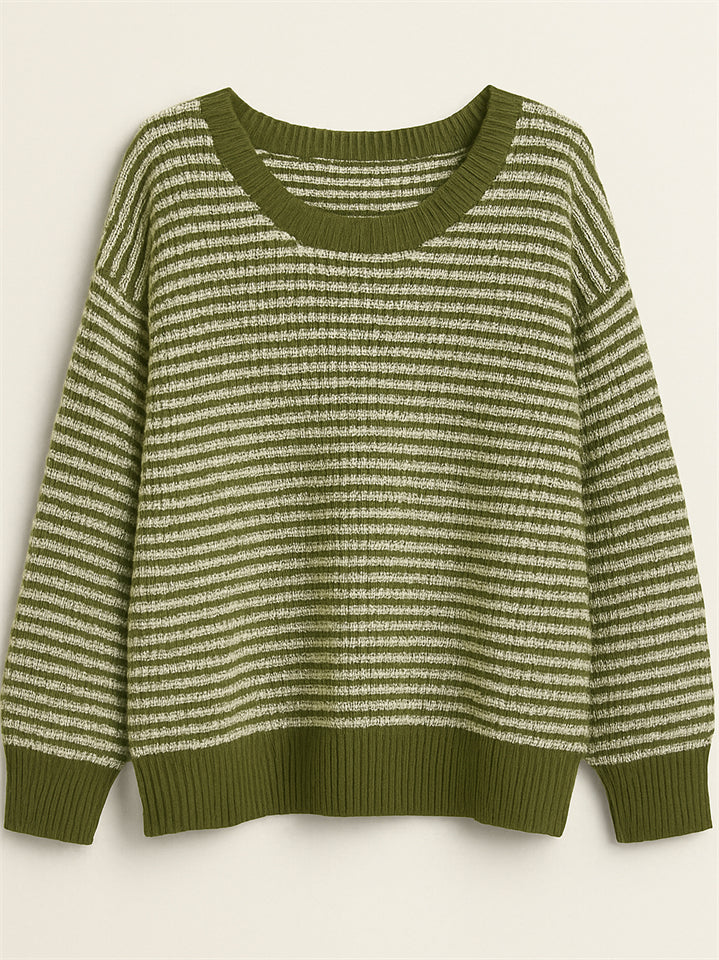 Comfy Autumn Elegant Contrast Color Striped Sabrina Collar Sweaters