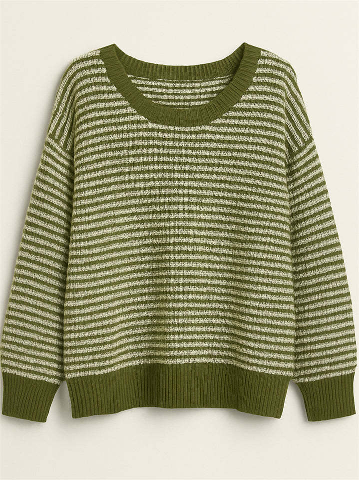 Comfy Autumn Elegant Contrast Color Striped Sabrina Collar Sweaters