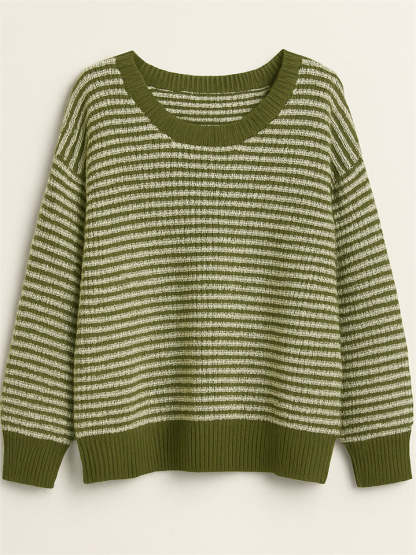 Comfy Autumn Elegant Contrast Color Striped Sabrina Collar Sweaters