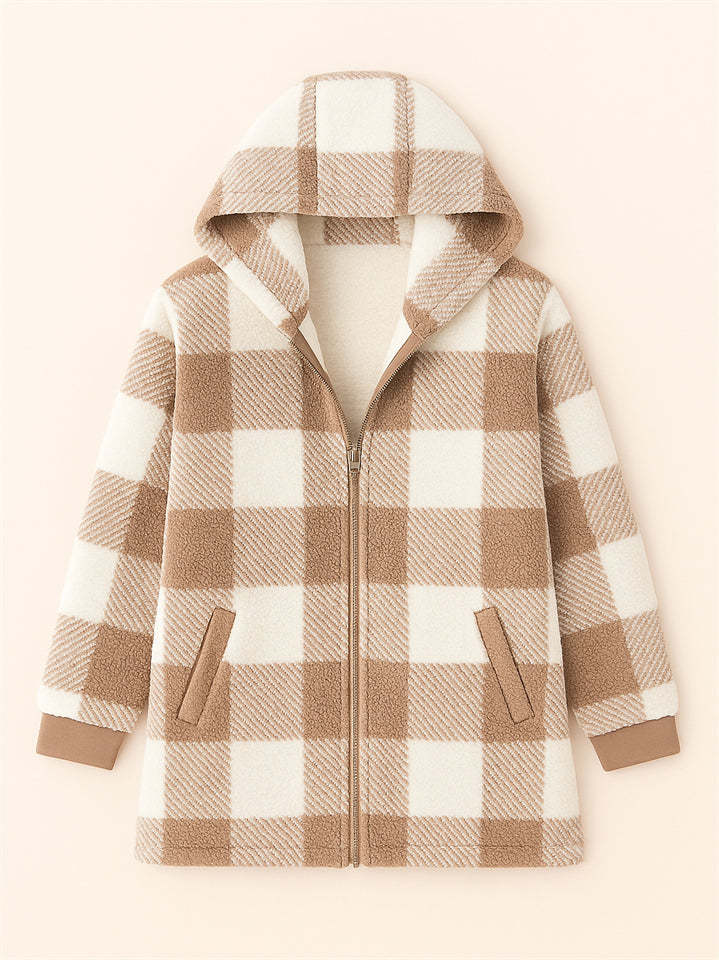 Women's Autumn Classic Plaid Zip Up Pockets Hooded Jackets