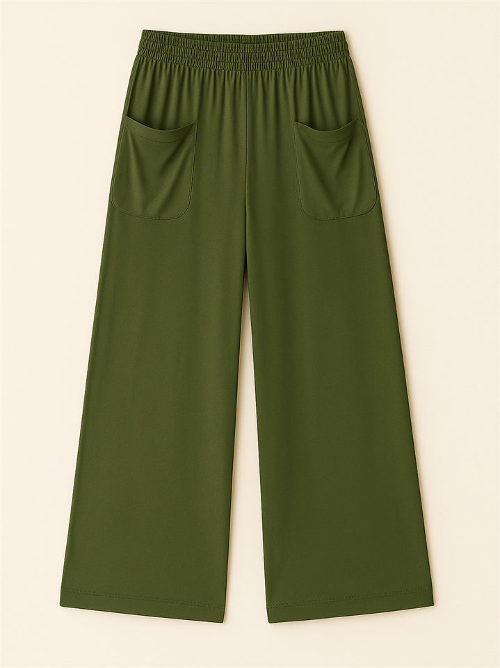 Simple Solid Color Pockets Elastic Hight Waist Wide Leg Pants for Women