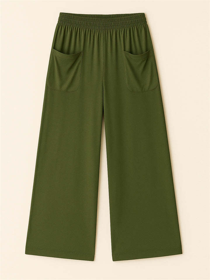Simple Solid Color Pockets Elastic Hight Waist Wide Leg Pants for Women