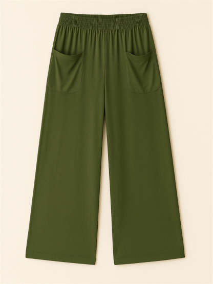 Simple Solid Color Pockets Elastic Hight Waist Wide Leg Pants for Women