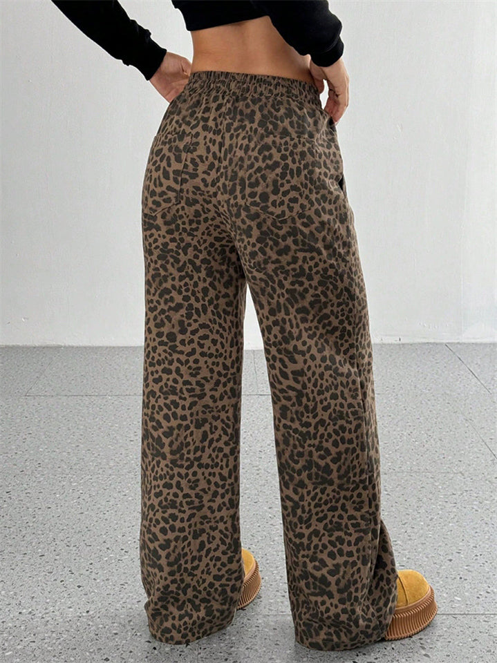 Women's Classic Street Style Leopard Printed Drawstring Wide-leg Pants