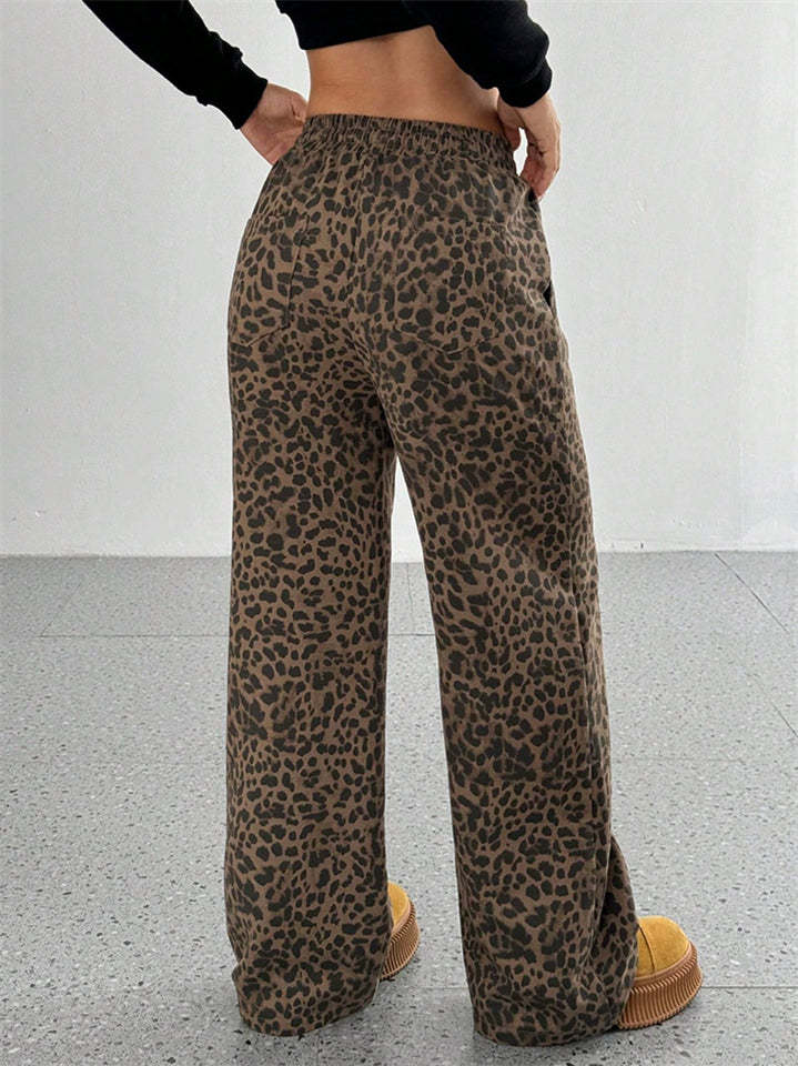 Women's Classic Street Style Leopard Printed Drawstring Wide-leg Pants