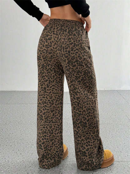 Women's Classic Street Style Leopard Printed Drawstring Wide-leg Pants