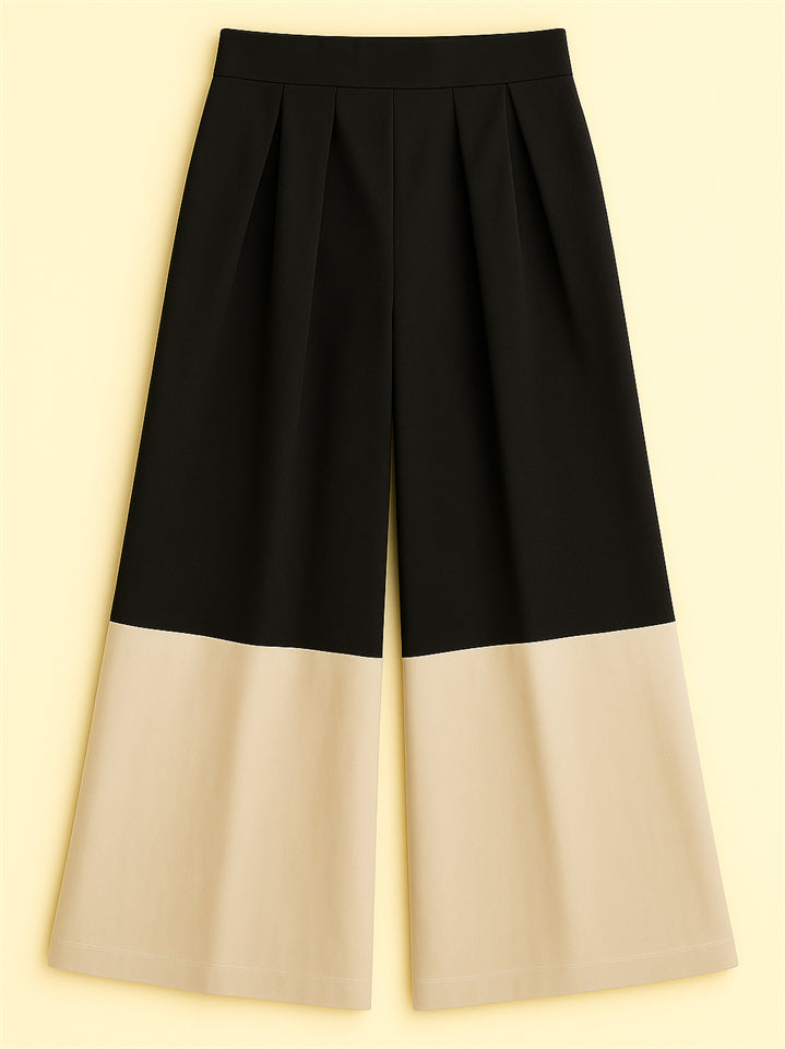 Trendy High Waist Contrast Color Pleated Wide Leg Pants for Women