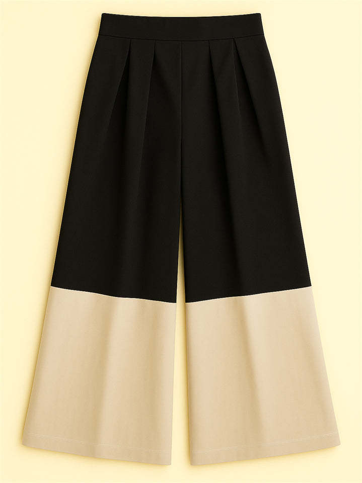 Trendy High Waist Contrast Color Pleated Wide Leg Pants for Women