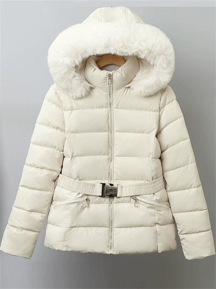 Winter Solid Color Belted Fleeced Coat with Faux Fur Collar