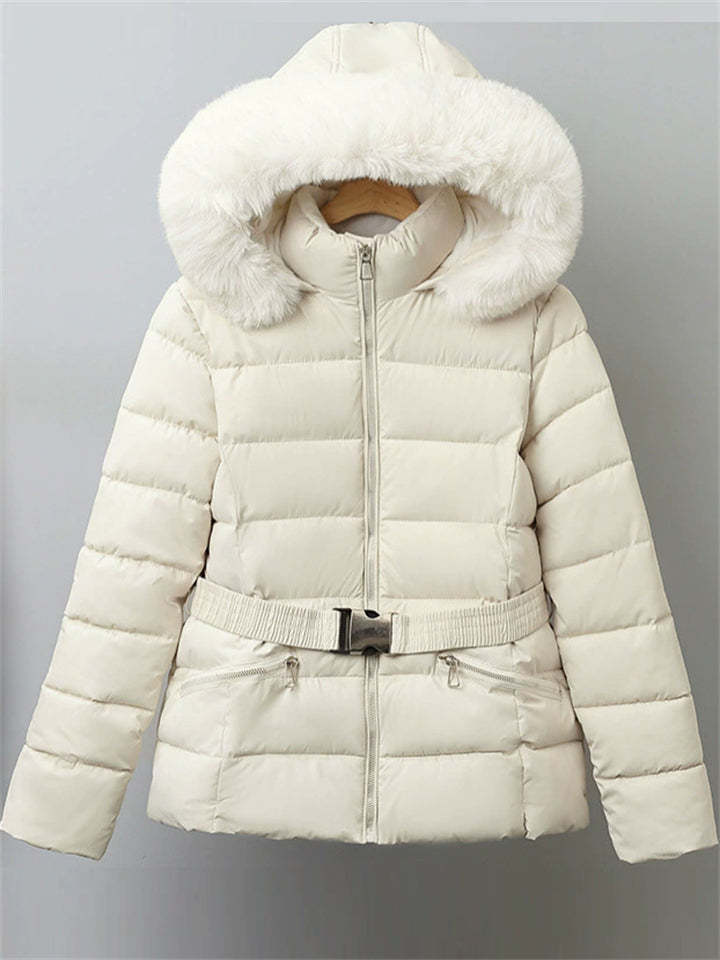 Winter Solid Color Belted Fleeced Coat with Faux Fur Collar