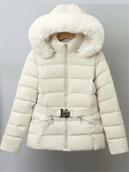 Winter Solid Color Belted Fleeced Coat with Faux Fur Collar