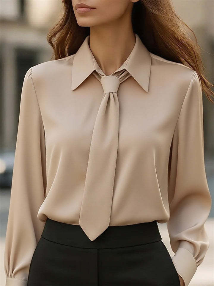 Ladies' Elegant Simple Solid Color Lapel Tie Long Sleeve Blouses
