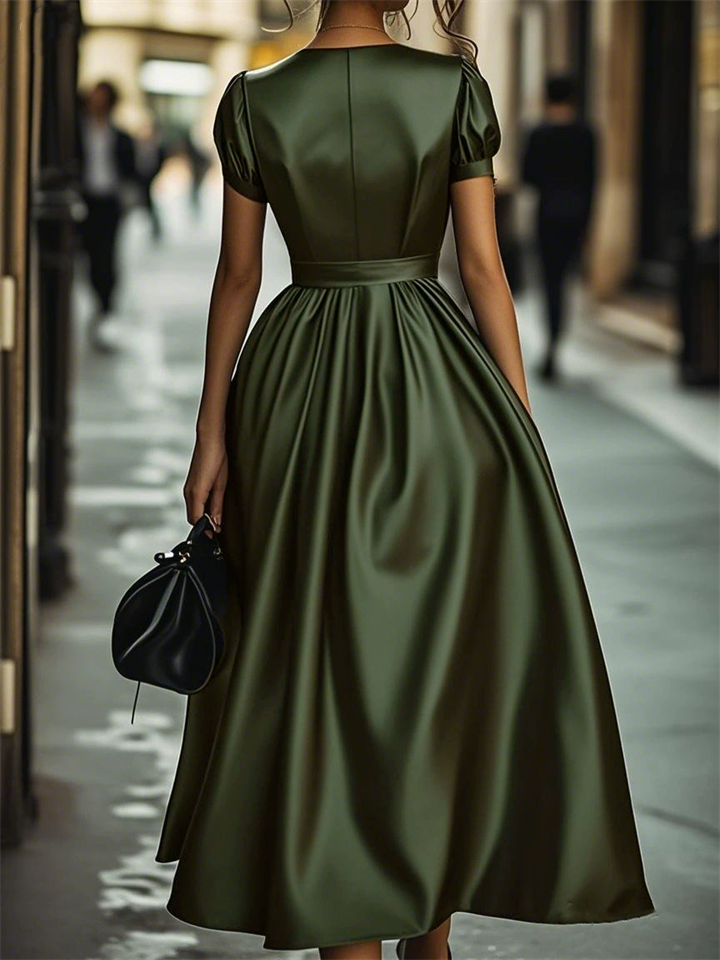 Women's PU Leather Green Elegant French Style V Neck Big Hem Dress