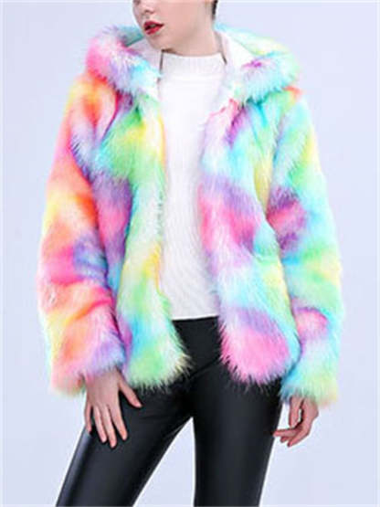 Women's Hooded Colourful Faux Fur Cardigan Coats
