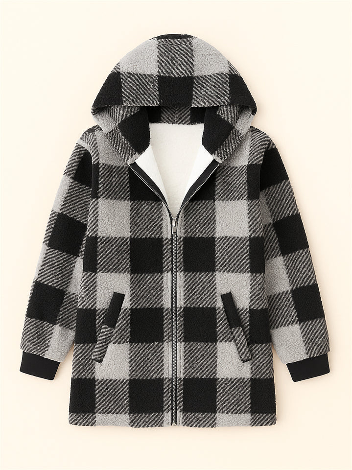 Women's Autumn Classic Plaid Zip Up Pockets Hooded Jackets
