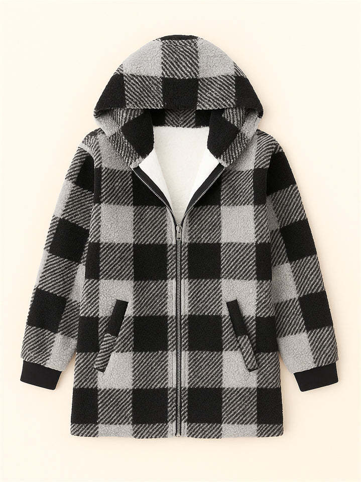 Women's Autumn Classic Plaid Zip Up Pockets Hooded Jackets