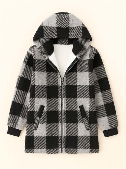 Women's Autumn Classic Plaid Zip Up Pockets Hooded Jackets