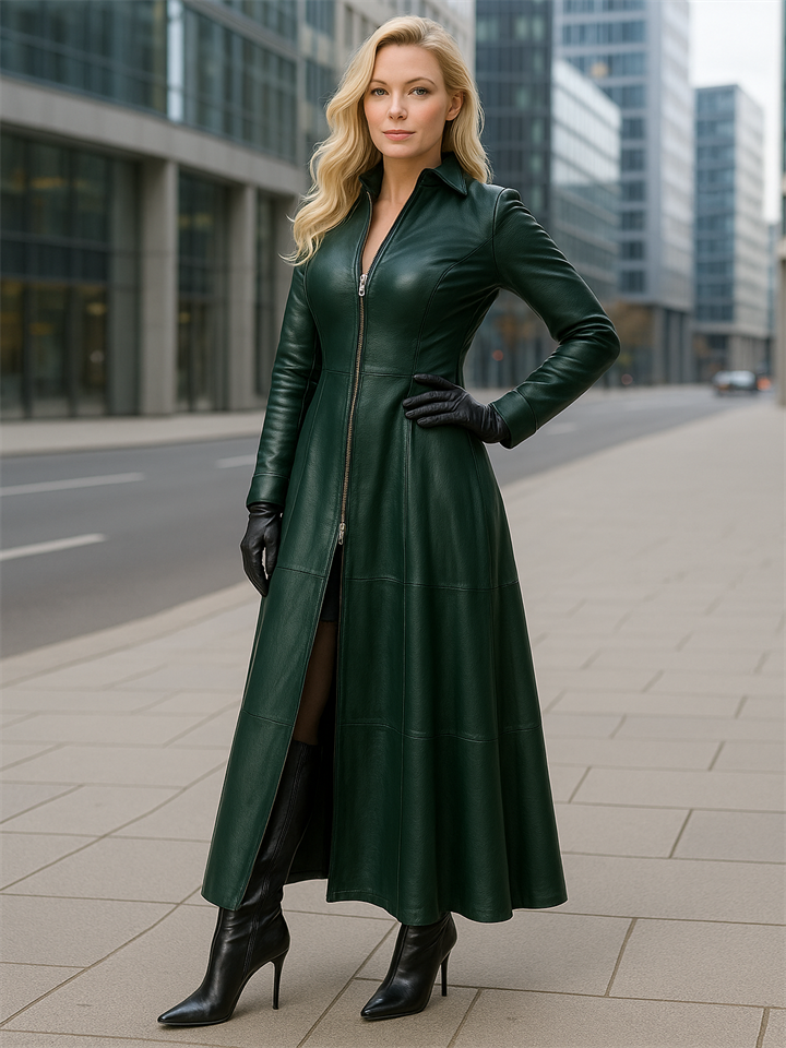 Women's Retro Solid Color Zip Up Stand Collar Slim Fit PU Leather Dress