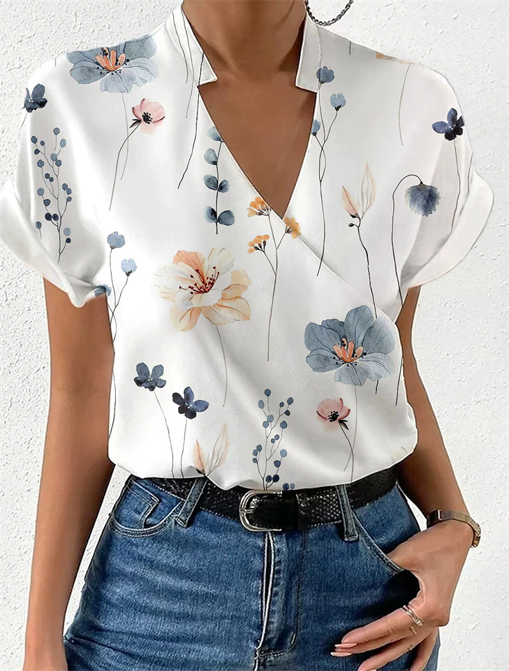 Women's Summer Floral Printed Stand Collar V Neck Short Sleeve Shirts