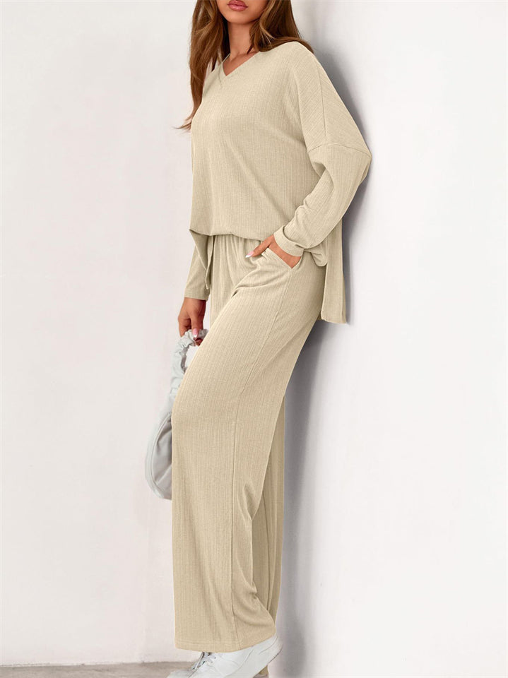 Loose Solid Color Autumn V Neck Drop Shoulder Long Sleeve Outfit for Women