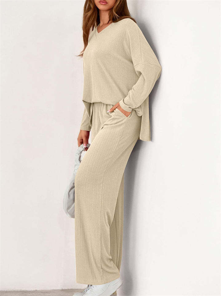 Loose Solid Color Autumn V Neck Drop Shoulder Long Sleeve Outfit for Women