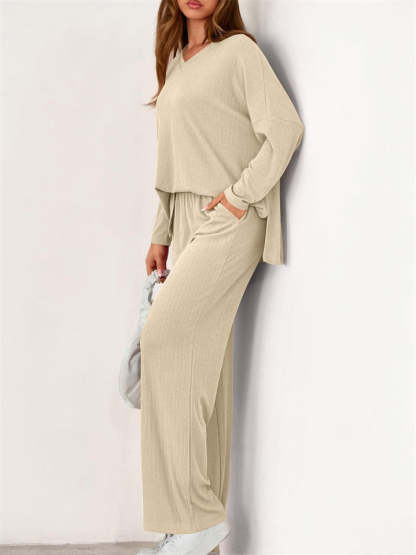 Loose Solid Color Autumn V Neck Drop Shoulder Long Sleeve Outfit for Women