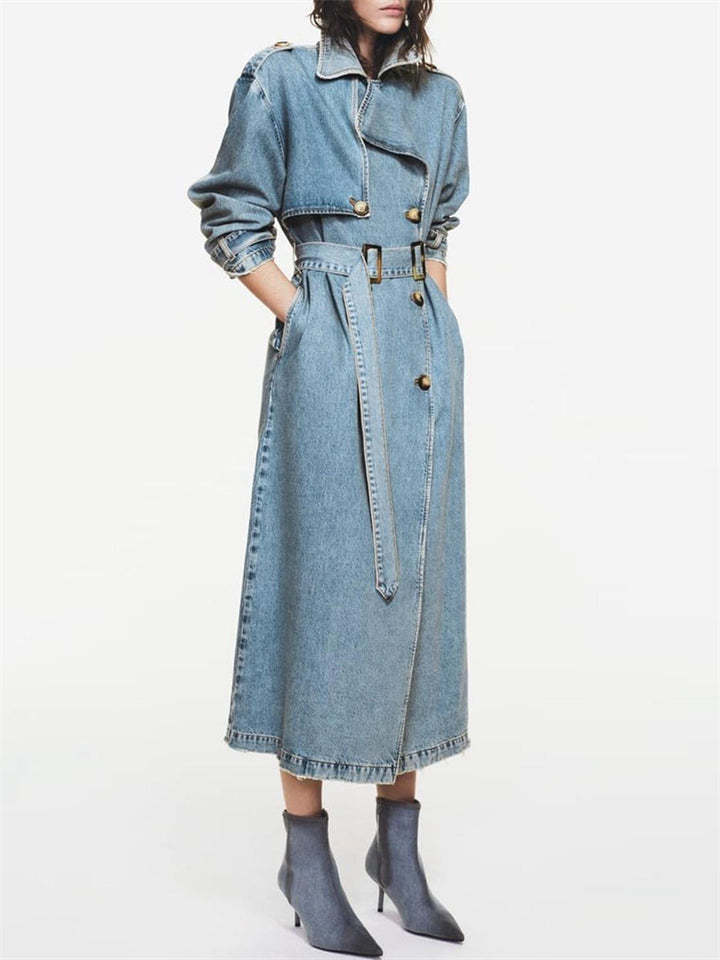 Trendy Double Breasted Belted Denim Trench Coat For women