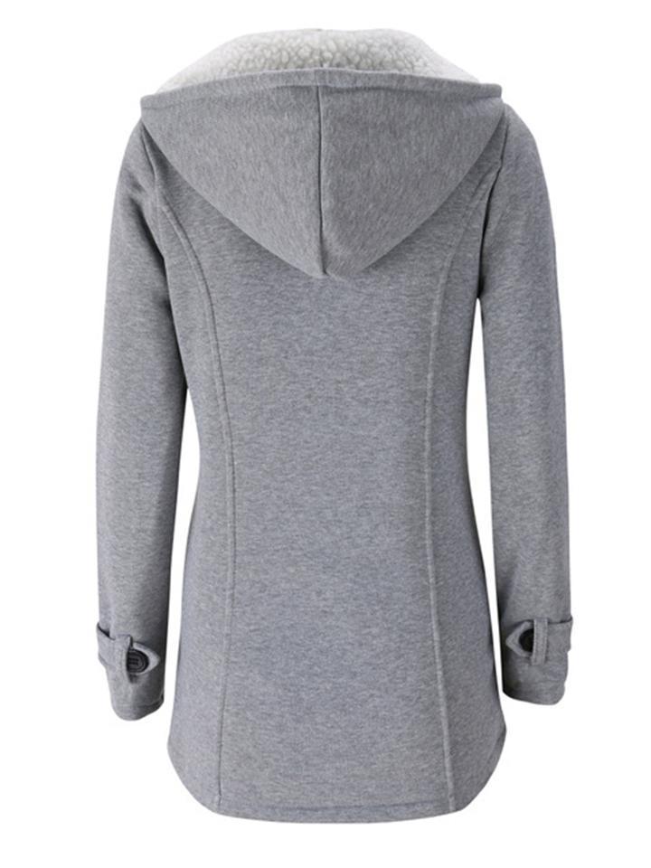 Women's Retro Fleeced Solid Color Horn Buckle Hooded Jackets