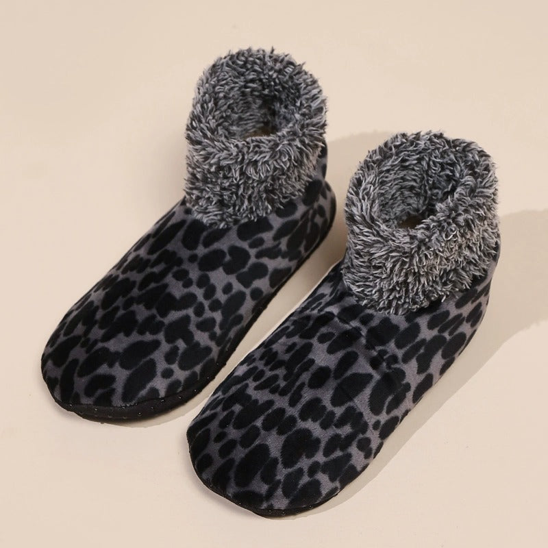 Fur Lined Leopard Indoor Floor Socks  