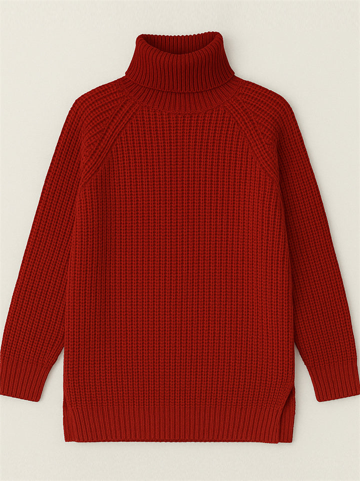 Women's Solid Color Turtleneck Split Hem Long Sleeve Knitted Sweaters