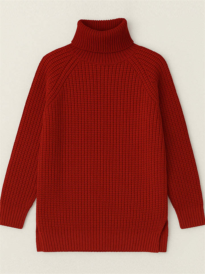 Women's Solid Color Turtleneck Split Hem Long Sleeve Knitted Sweaters