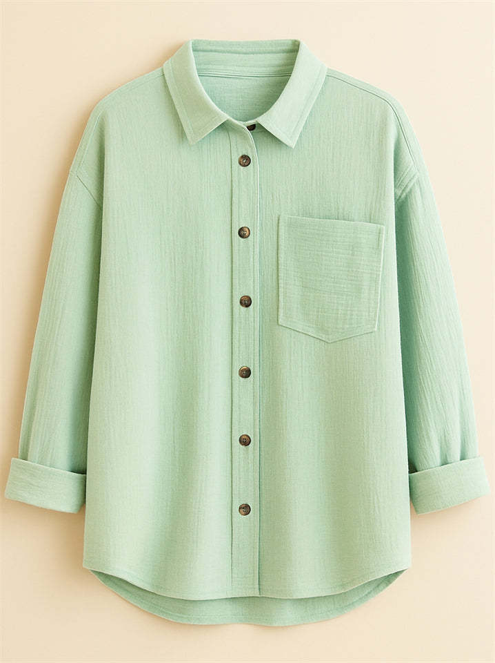 Women's Caual Candy Color Texture Button Up Long Sleeve Blouse