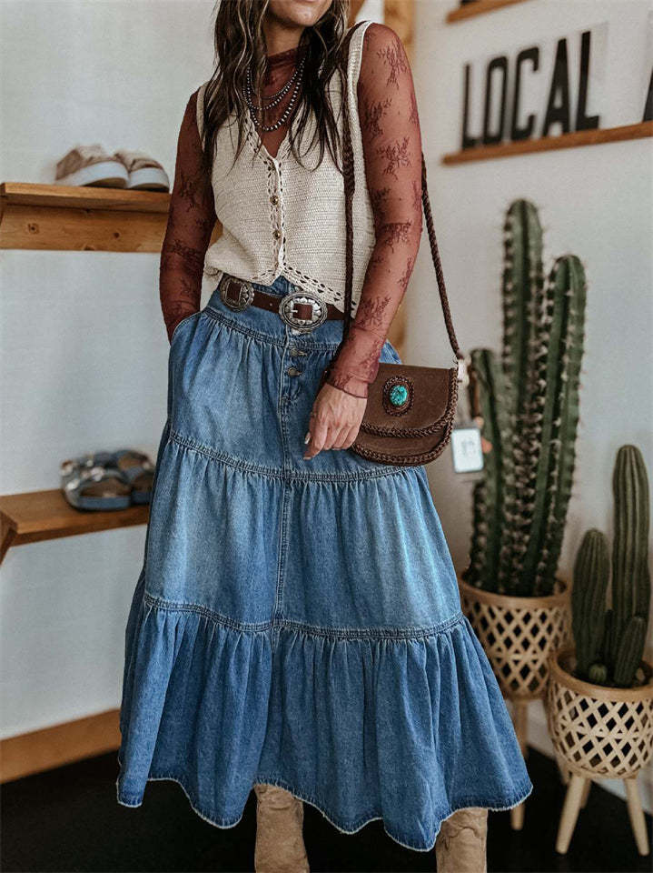 Women Bohemian Style A-line Button Front Denim Tiered Skirt