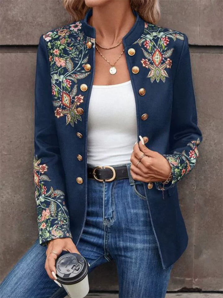 Women's Floral Printed Double-breasted Stand Collar Cardigan Jackets