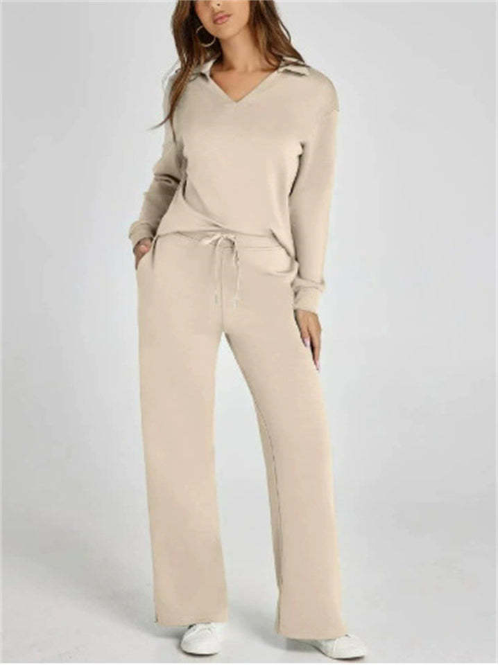 Women's 2Pcs Autumn Casual Solid Color  V Neck Lapel Long Sleeve Outfit