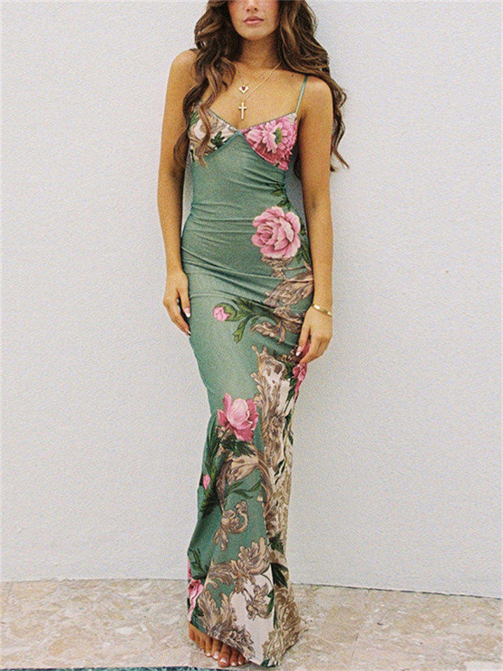 Female Sexy Slim Fit Floral Maxi Slip Dresses