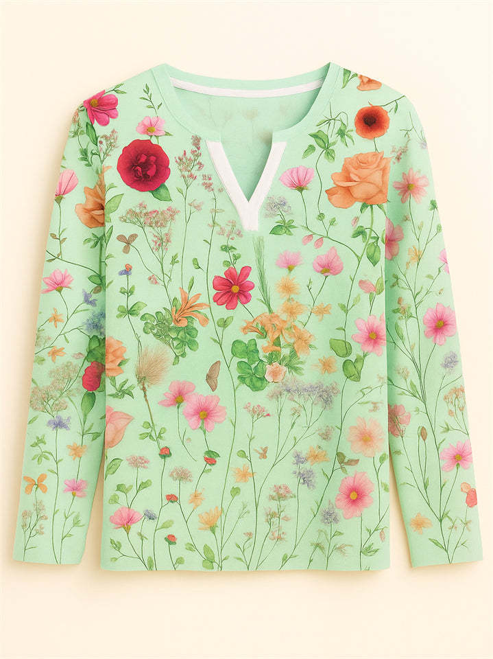 Women's Floral Print V-neck Pullover Long Sleeve Shirts