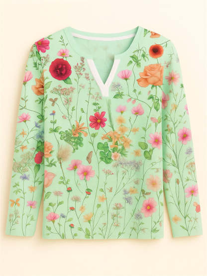 Women's Floral Print V-neck Pullover Long Sleeve Shirts