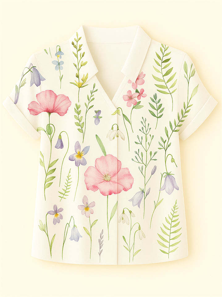 Women's Summer Floral Printed Stand Collar V Neck Short Sleeve Shirts