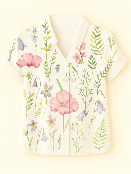Women's Summer Floral Printed Stand Collar V Neck Short Sleeve Shirts