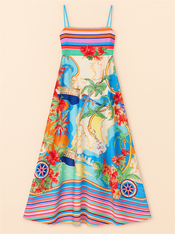 Ladies' Comfy Holiday Style Beach Printed Big Hem Strap Dress